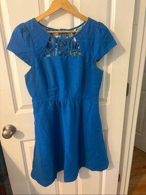 Anthropologie Bright Blue Lattice-Front Short Sleeve Dress